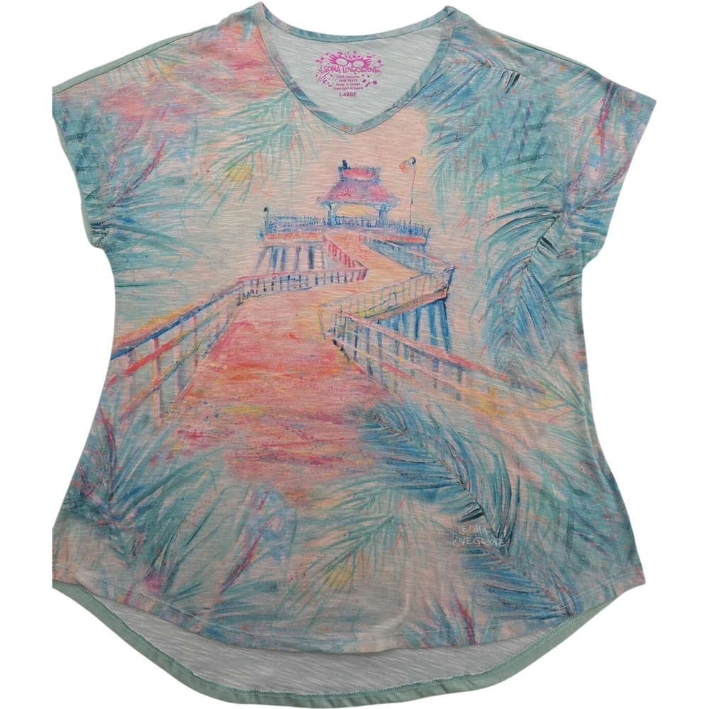 Leoma Lovegrove Women's Large V-Neck Top Beach Pier Art Print Short Sleeve